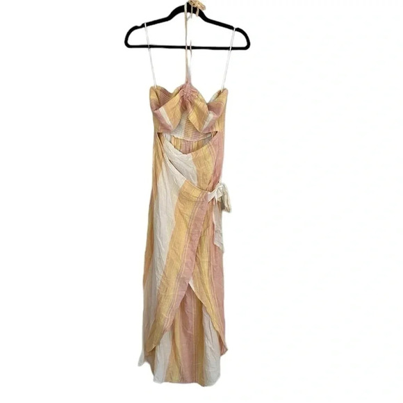 L Space Solana Cover-Up Women's Halter Wrap Dress Cream, Yellow, Pink Sz XL NWT - Picture 1 of 8